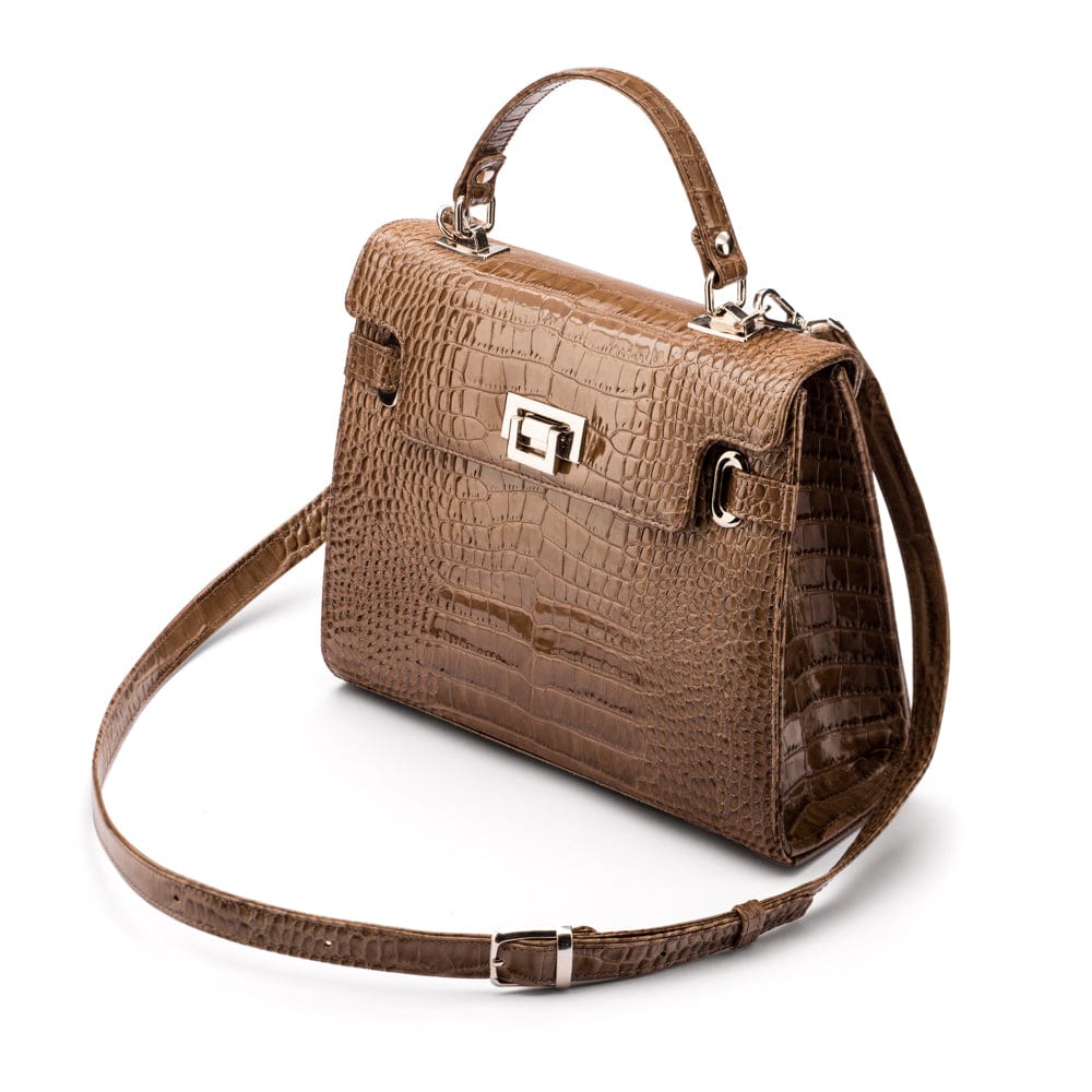 Leather Catherine top handle bag, taupe patent croc, side