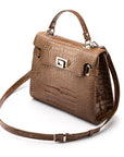 Leather Catherine top handle bag, taupe patent croc, side