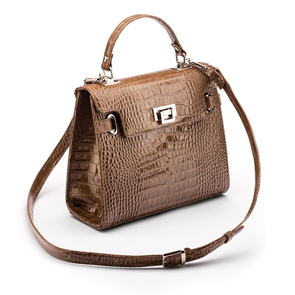 Leather Catherine top handle bag, taupe patent croc, with shoulder strap