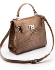 Leather Catherine top handle bag, taupe patent croc, with shoulder strap