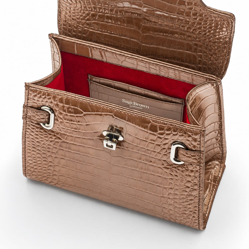 Leather Catherine bag, taupe patent croc, inside