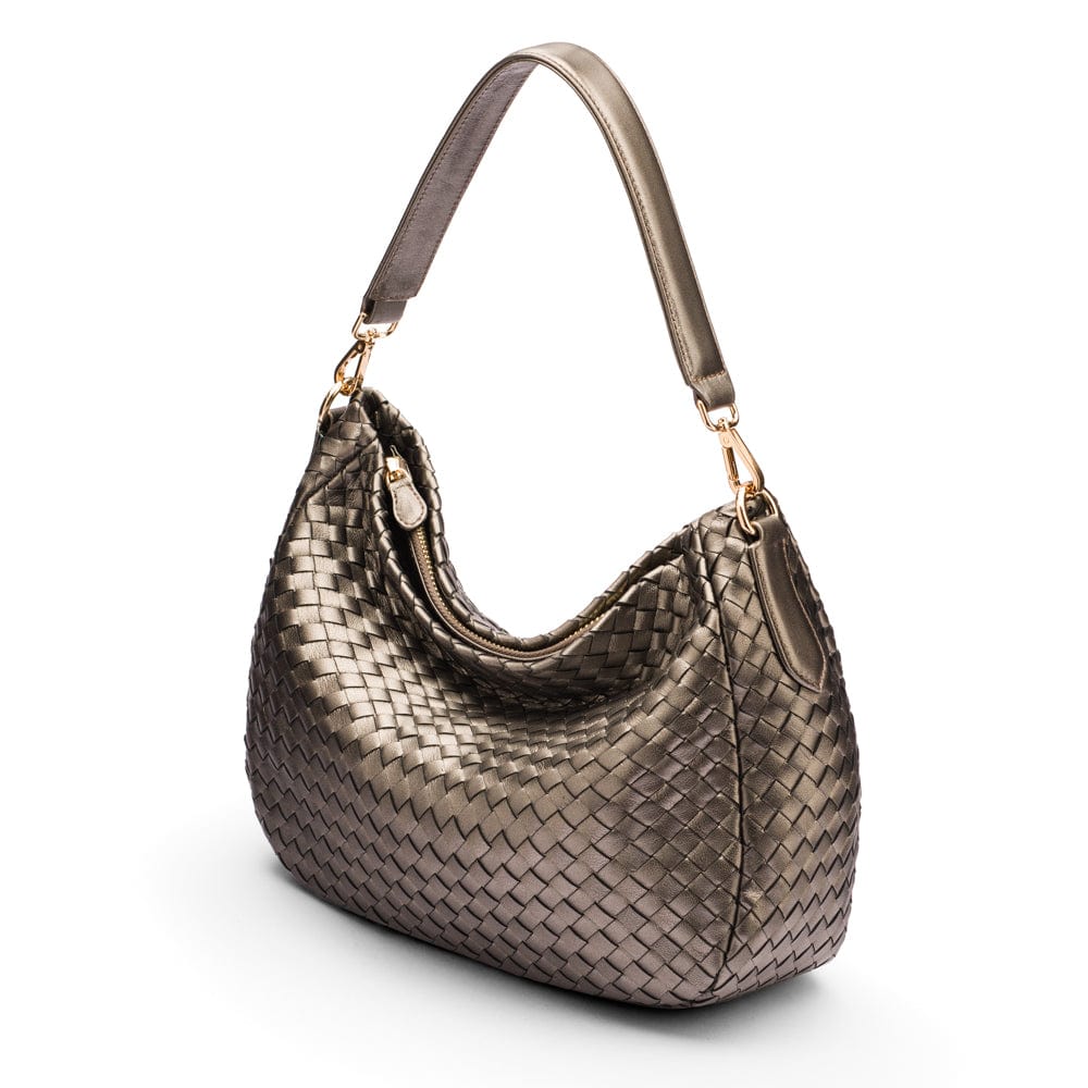Melissa slouchy leather woven bag with zip closure, silver, side