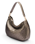 Melissa slouchy leather woven bag with zip closure, silver, side