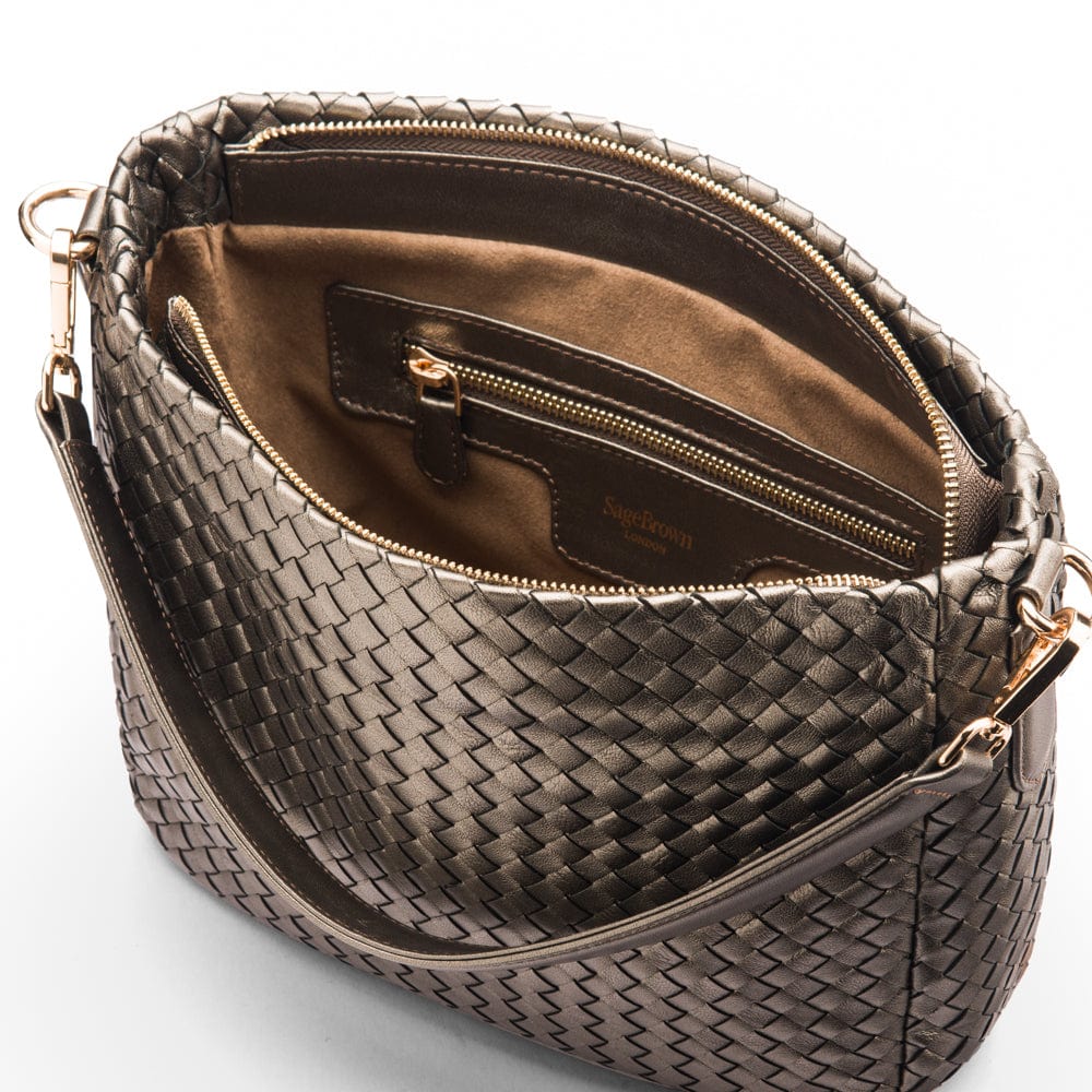 Melissa slouchy leather woven bag with zip closure, silver, inside