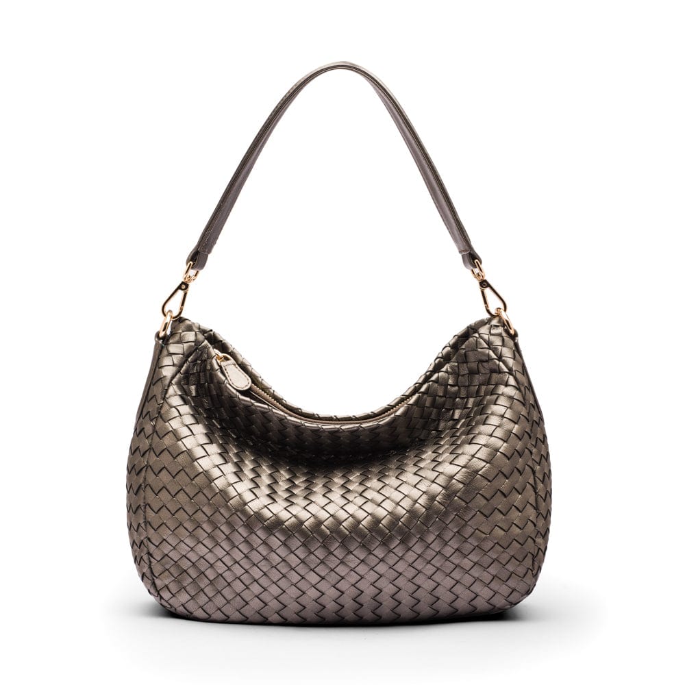 Melissa slouchy leather woven bag with zip closure, silver, front