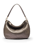 Melissa slouchy leather woven bag with zip closure, silver, front