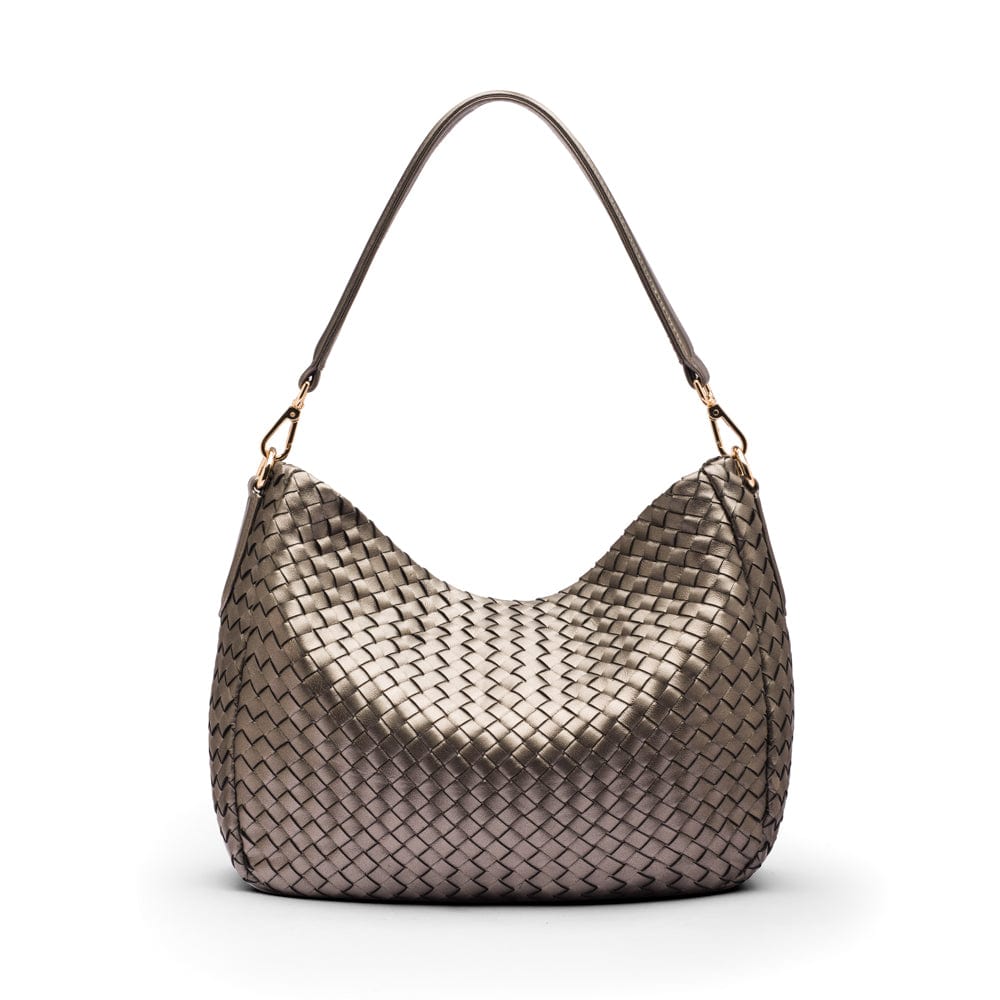 Melissa slouchy leather woven bag with zip closure, silver, back