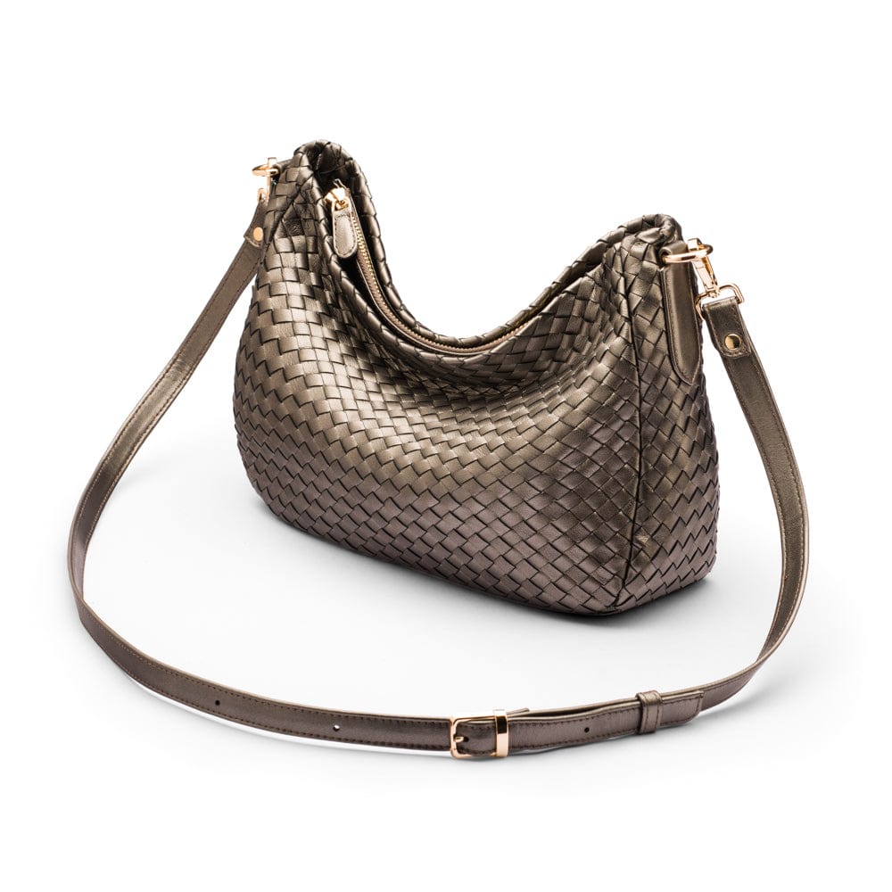 Melissa slouchy leather woven bag with zip closure, silver, with long strap