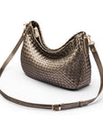 Melissa slouchy leather woven bag with zip closure, silver, with long strap