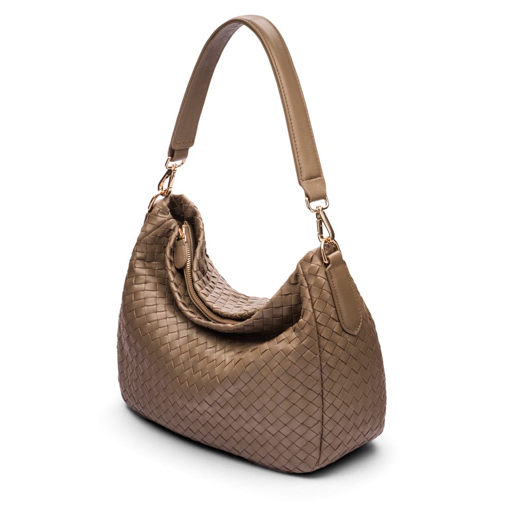 Melissa slouchy leather woven bag with zip closure, taupe, side