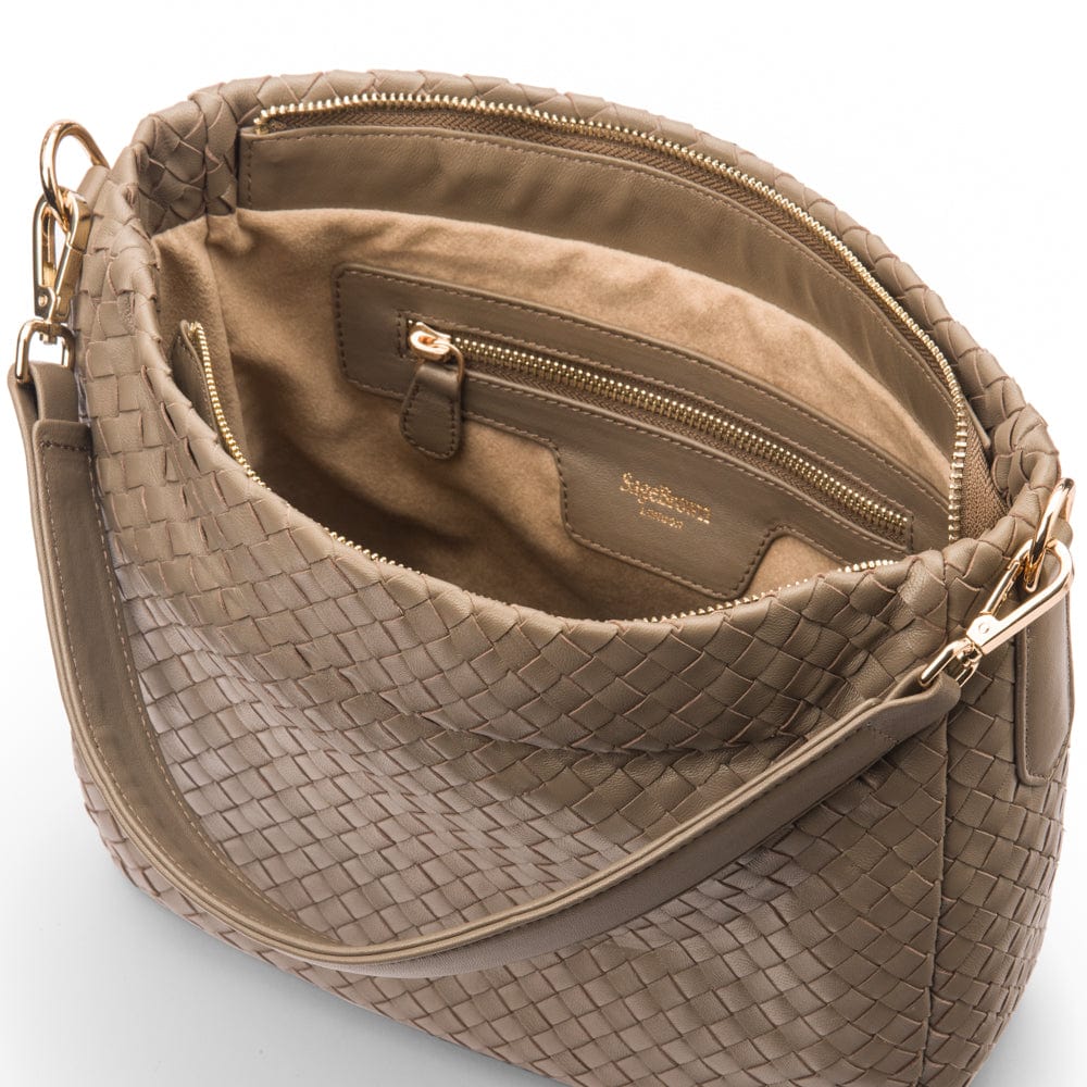 Melissa slouchy leather woven bag with zip closure, taupe, inside