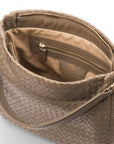 Melissa slouchy leather woven bag with zip closure, taupe, inside