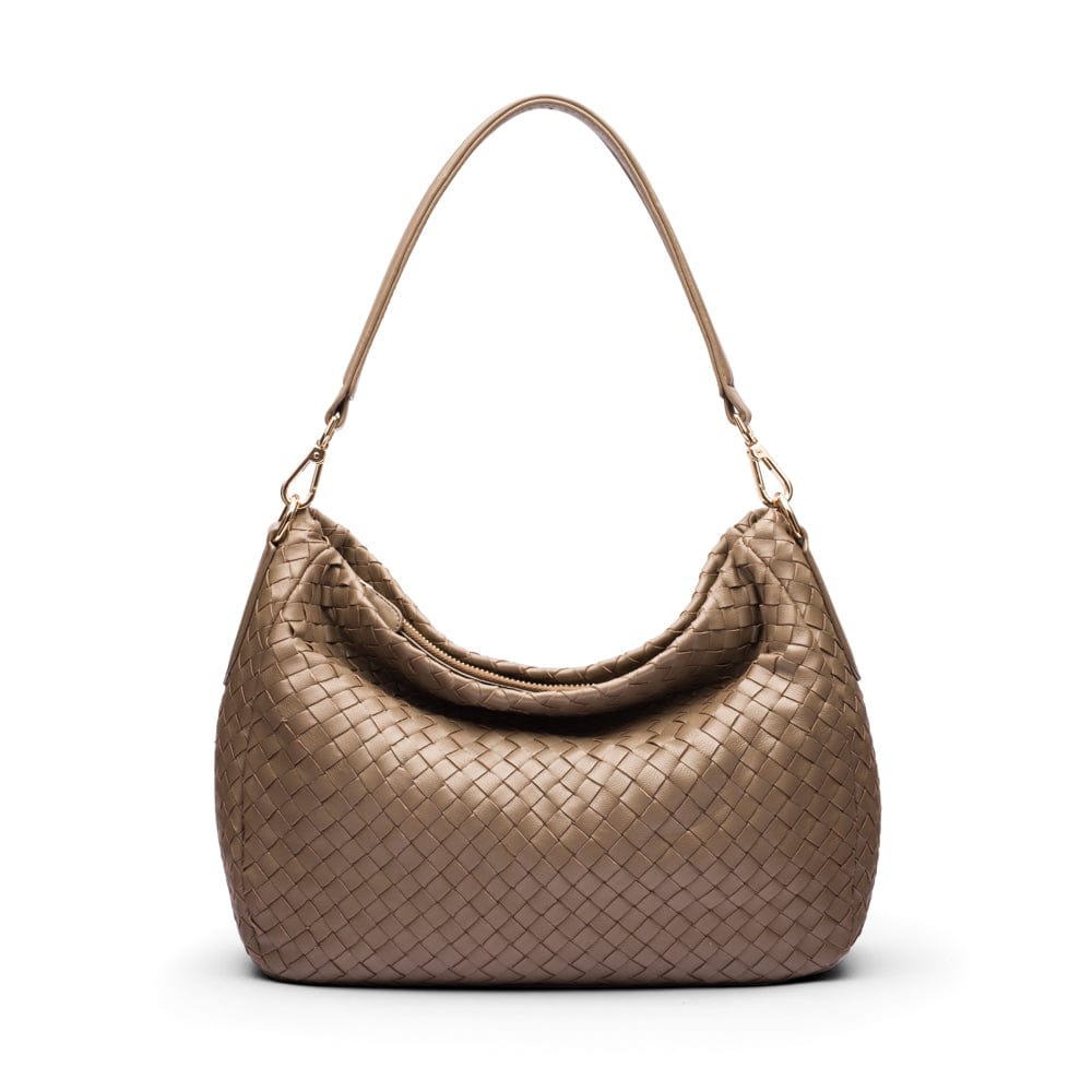 Melissa slouchy leather woven bag with zip closure, taupe, front