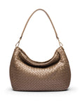 Melissa slouchy leather woven bag with zip closure, taupe, front