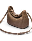 Melissa slouchy leather woven bag with zip closure, taupe, with long shoulder strap