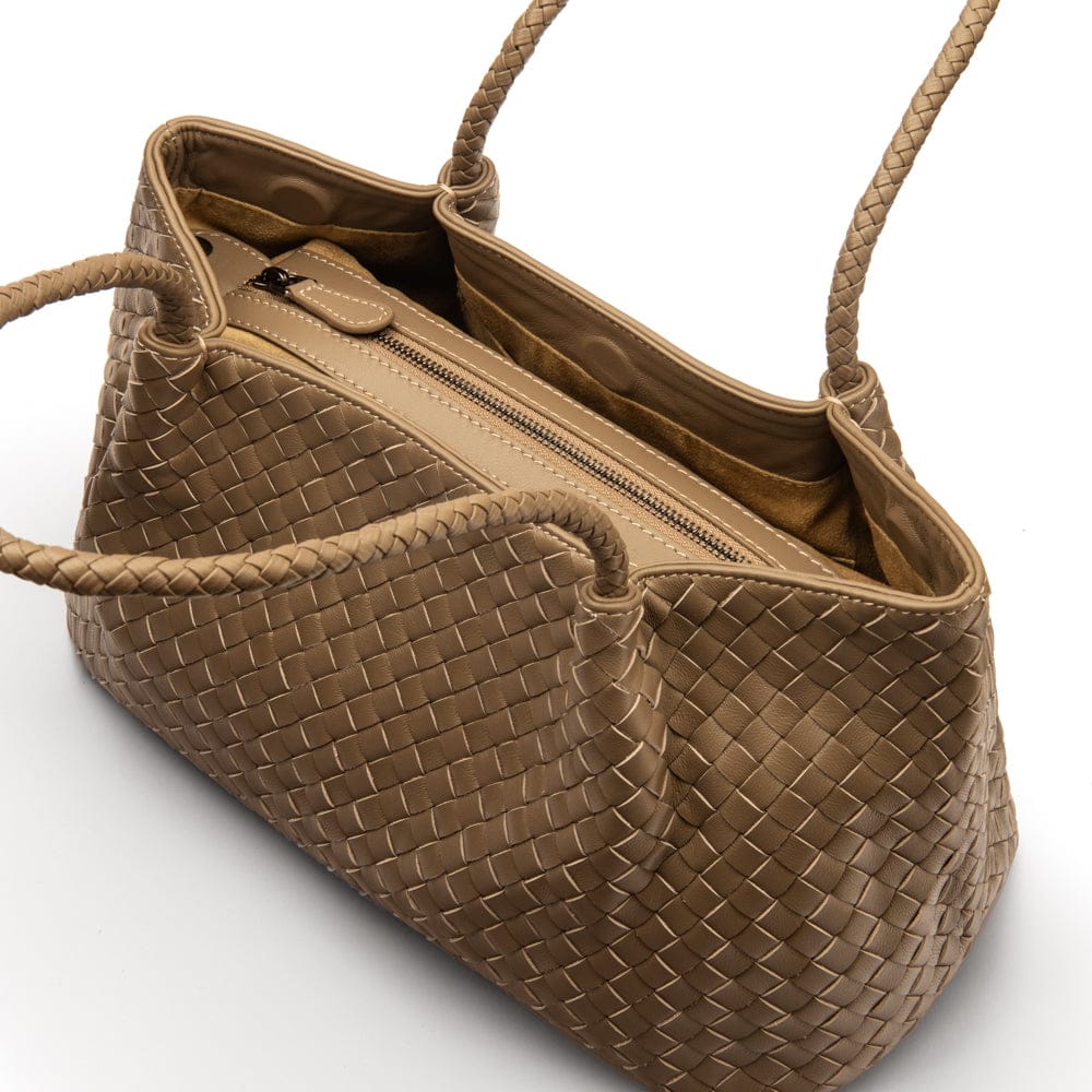 Midi woven leather bag, taupe, inside