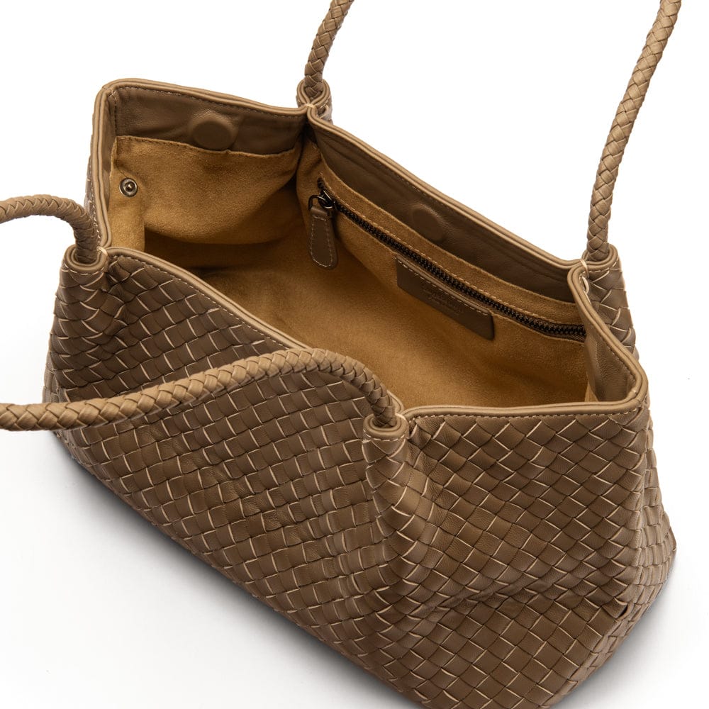 Midi woven leather bag, taupe, open