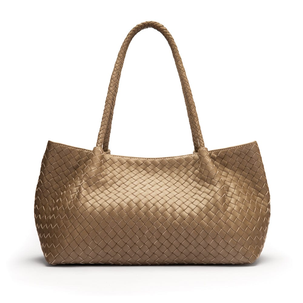 Midi woven leather bag, taupe, front