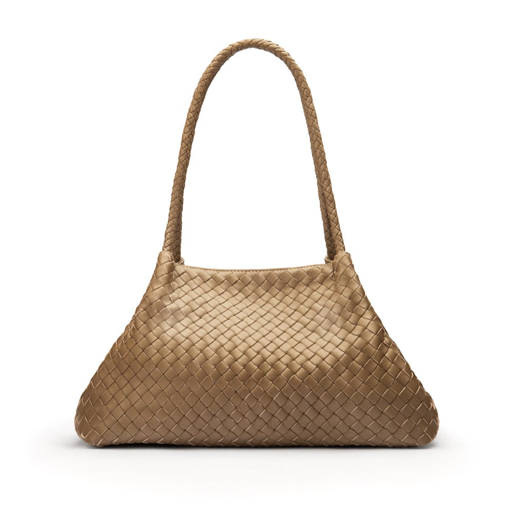 Midi woven leather bag, taupe, trapeze shape