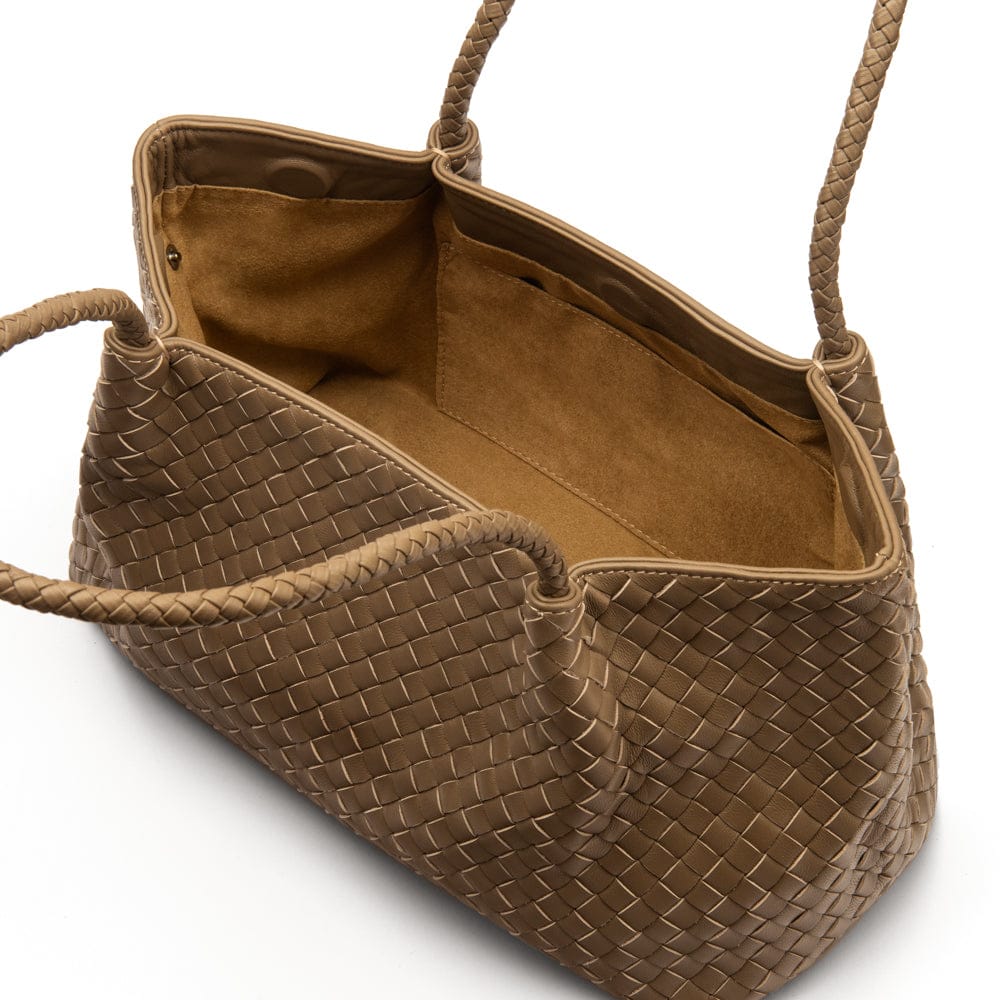 Midi woven leather bag, taupe, open view