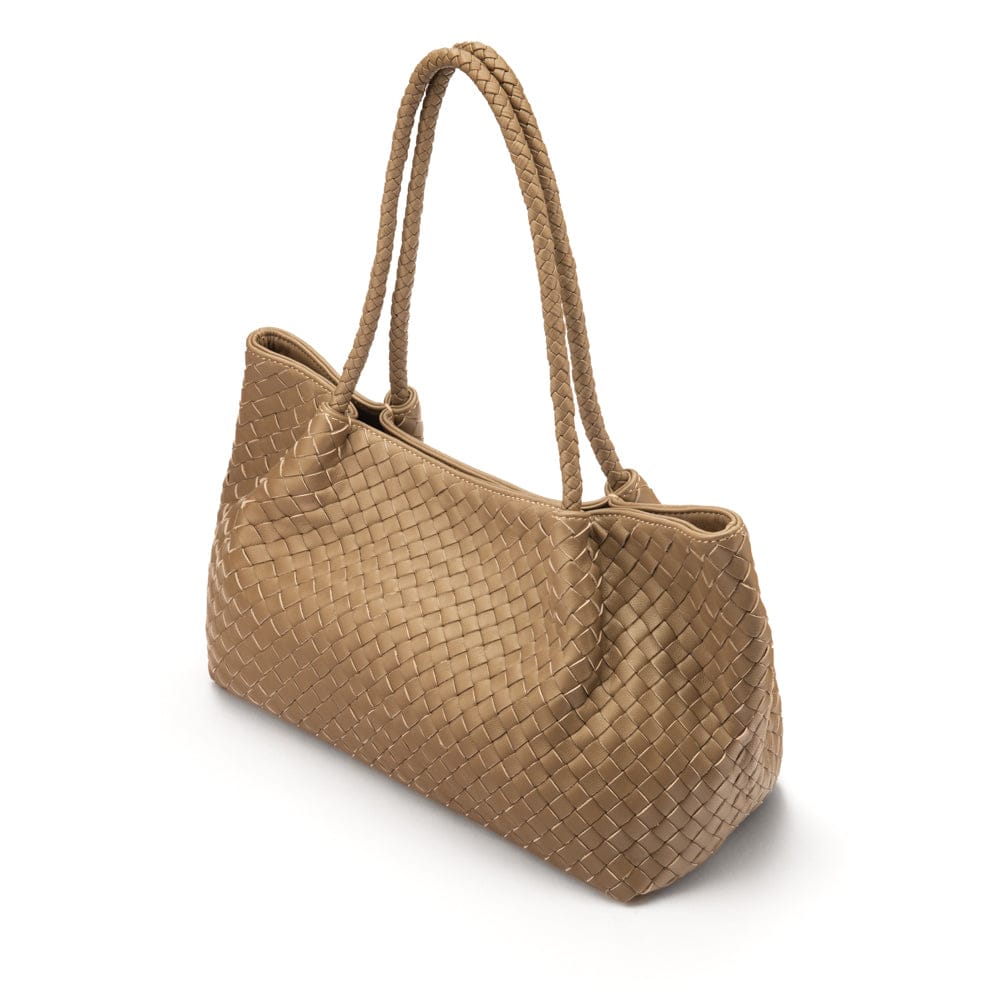 Midi woven leather bag, taupe, side