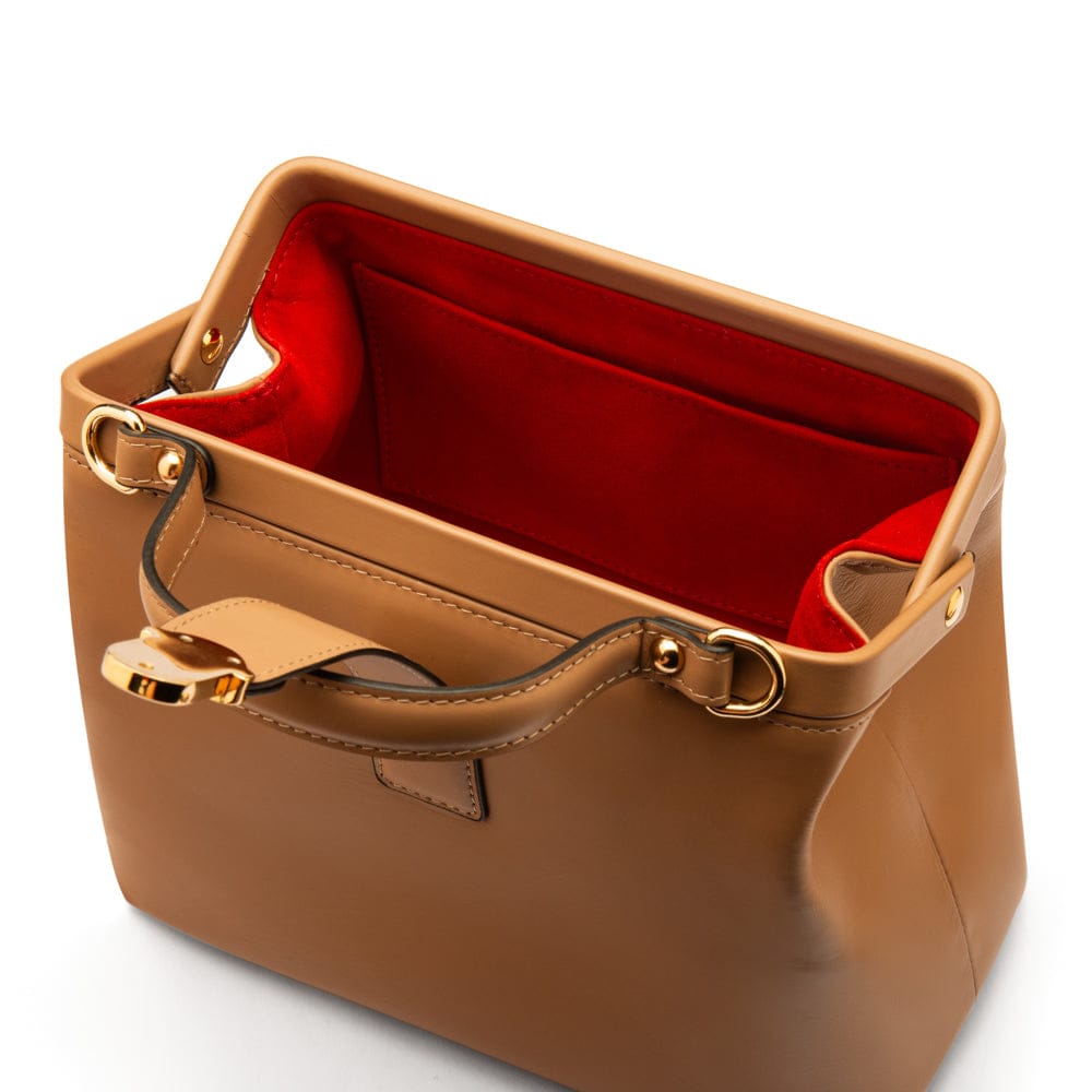 Mini leather Gladstone bag, taupe, open