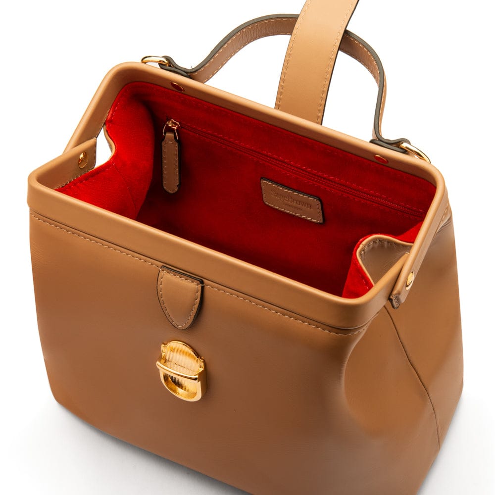 Mini leather Gladstone bag, taupe, inside