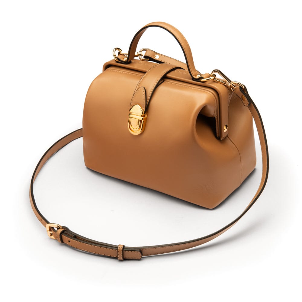 Mini leather Gladstone bag, taupe, with shoulder strap