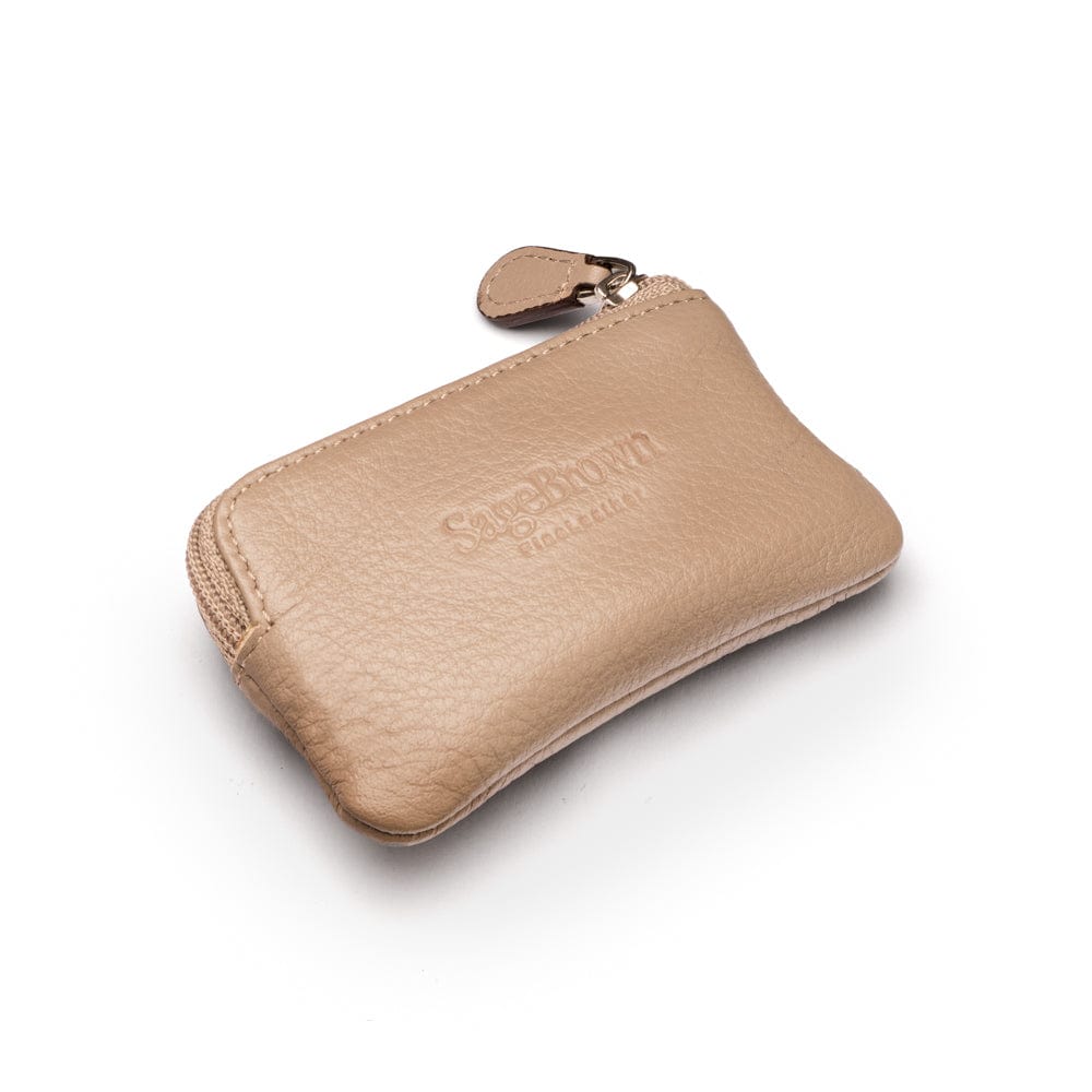 Miniature leather coin purse with key chain, taupe, back