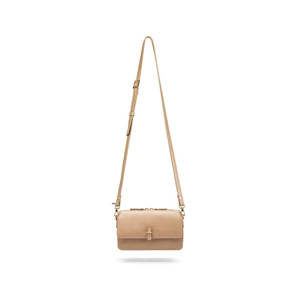 Small leather shoulder bag, taupe saffiano, with shoulder strap