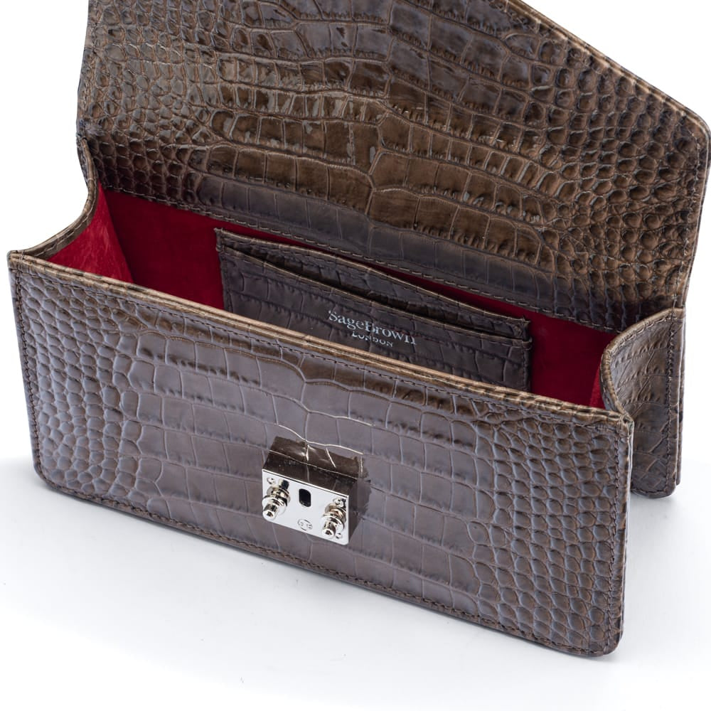 Luxury Leather Maya Top Handle Crossbody Bag, Taupe Patent Croc, inside