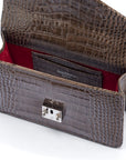 Luxury Leather Maya Top Handle Crossbody Bag, Taupe Patent Croc, inside