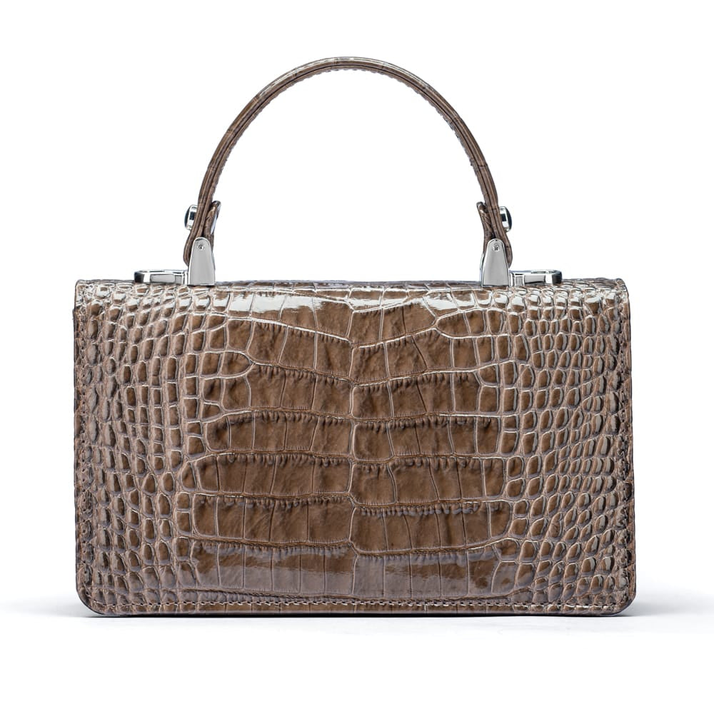 Luxury Leather Maya Top Handle Crossbody Bag, Taupe Patent Croc, back
