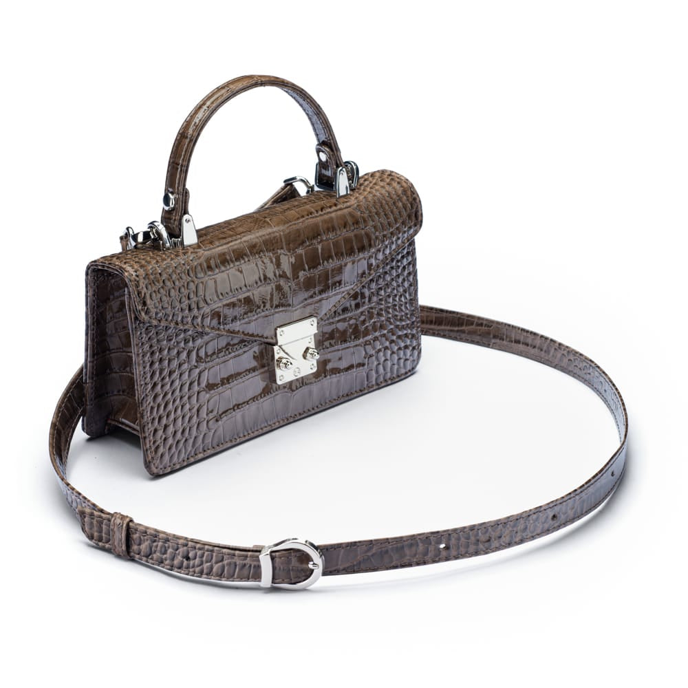 Luxury Leather Maya Top Handle Crossbody Bag, Taupe Patent Croc, side