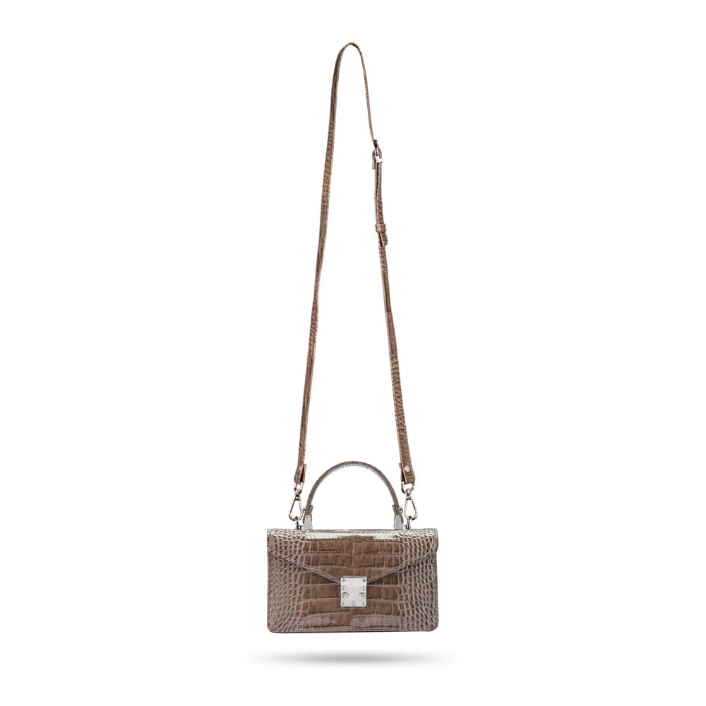 Luxury Leather Maya Top Handle Crossbody Bag, Taupe Patent Croc, with long shoulder strap