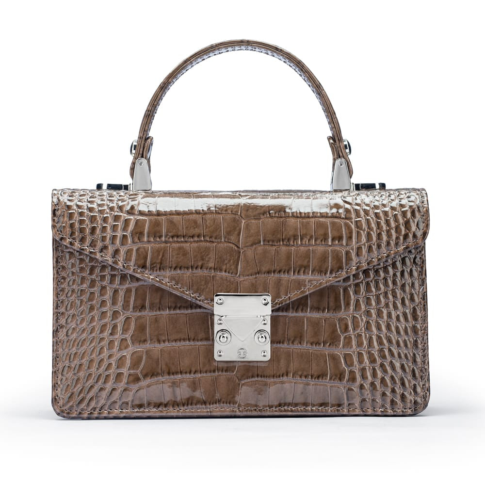 Luxury Leather Maya Top Handle Crossbody Bag, Taupe Patent Croc, front