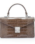 Luxury Leather Maya Top Handle Crossbody Bag, Taupe Patent Croc, front