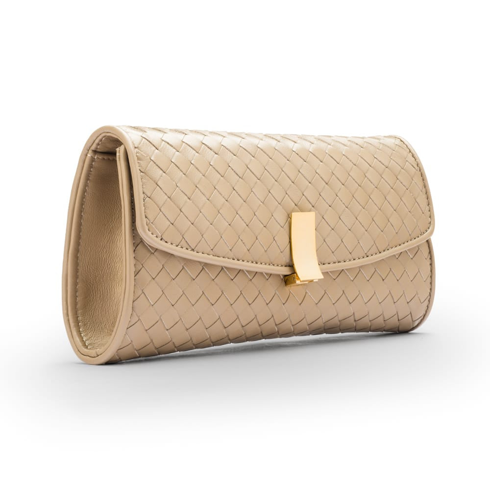 Woven leather clutch bag, taupe,  side