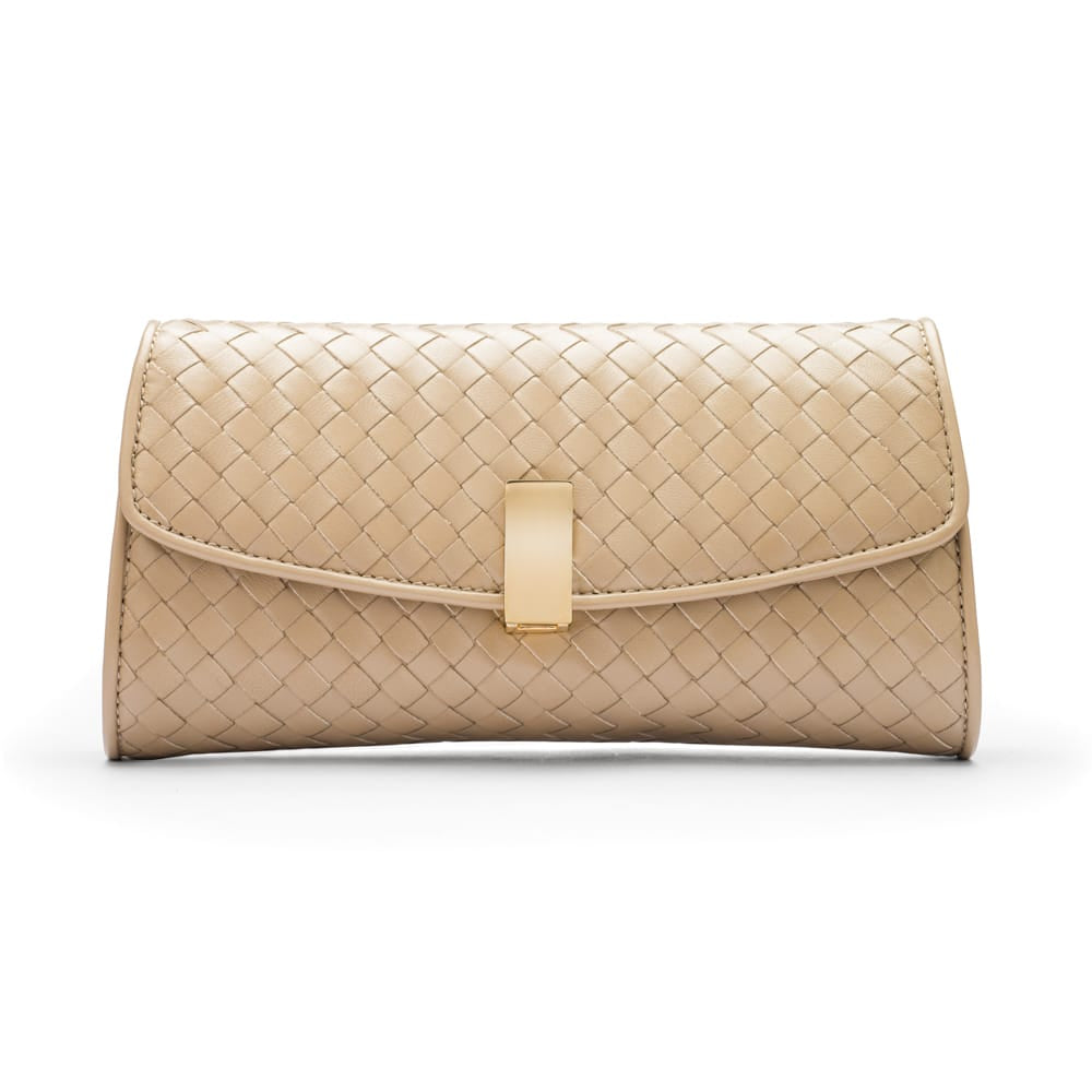 Woven leather clutch bag, taupe, front
