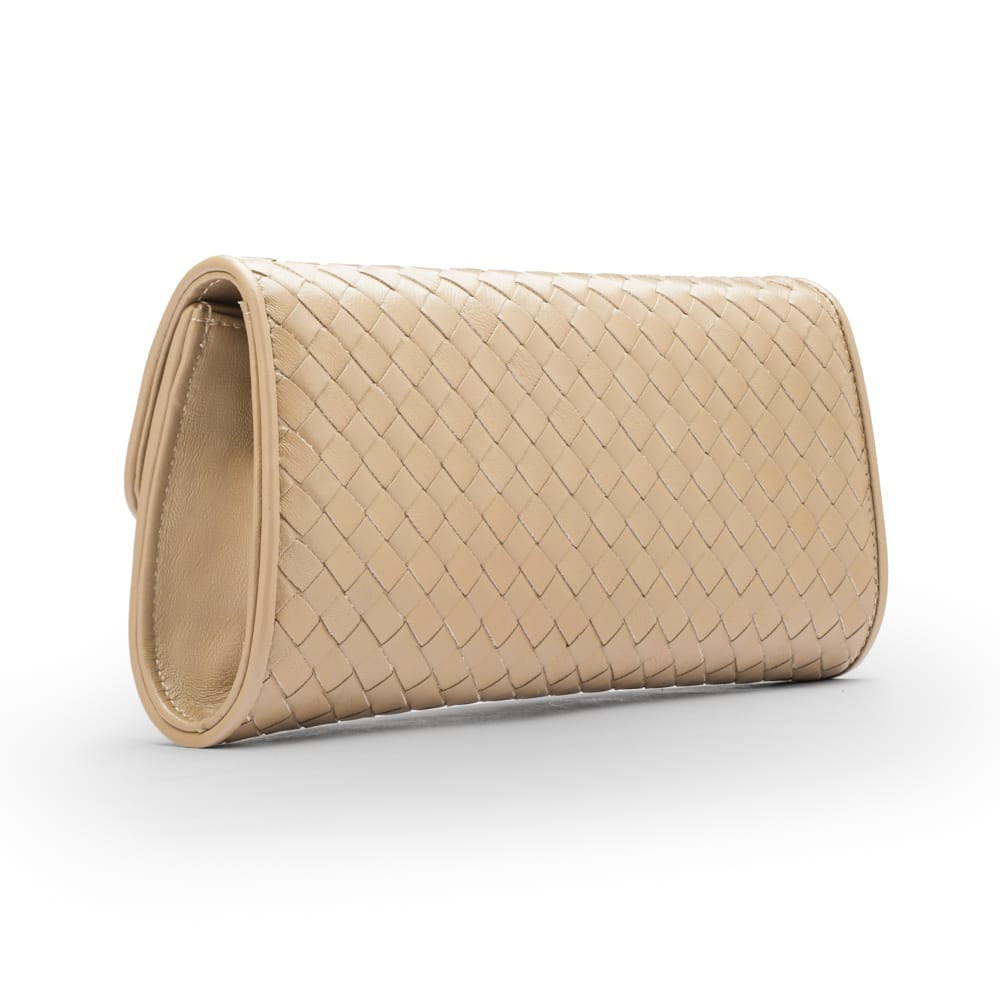 Woven leather clutch bag, taupe, back