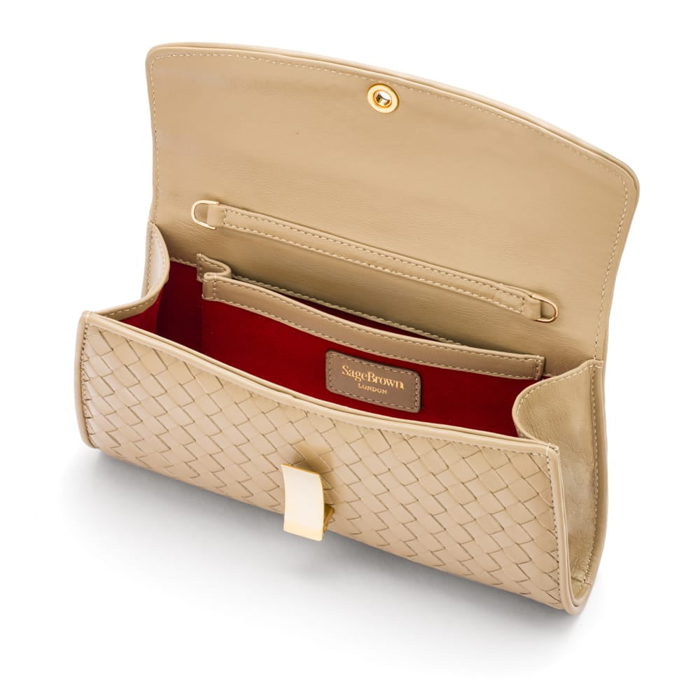Woven leather clutch bag, taupe, inside