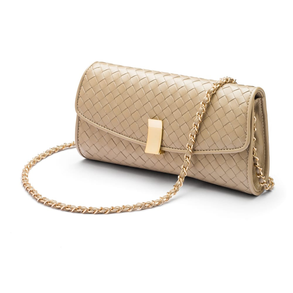 Woven leather clutch bag, taupe, with chain strap