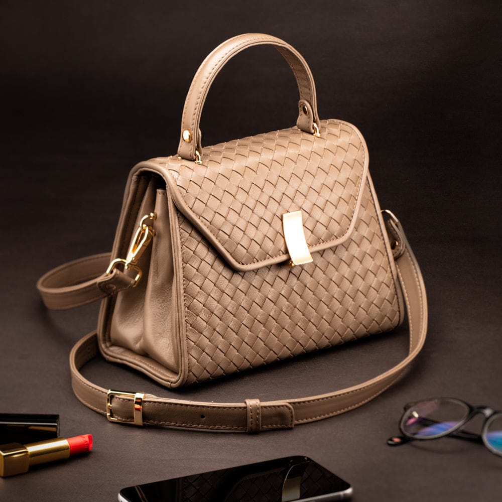 Woven leather Sabrina bag, taupe, lifestyle