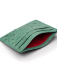 Flat ostrich leather credit card case, teal ostrich leather, front