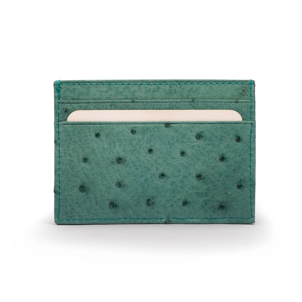 Flat ostrich leather credit card case, teal ostrich leather, front