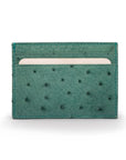 Flat ostrich leather credit card case, teal ostrich leather, front