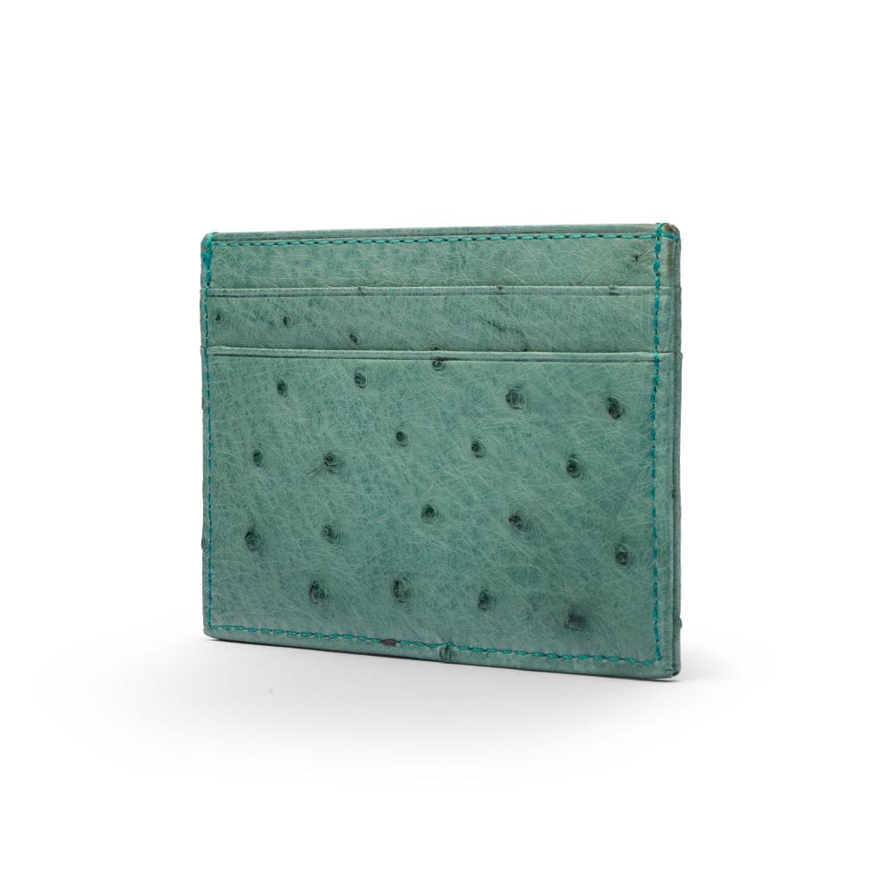 Flat ostrich leather credit card case, teal ostrich leather, side