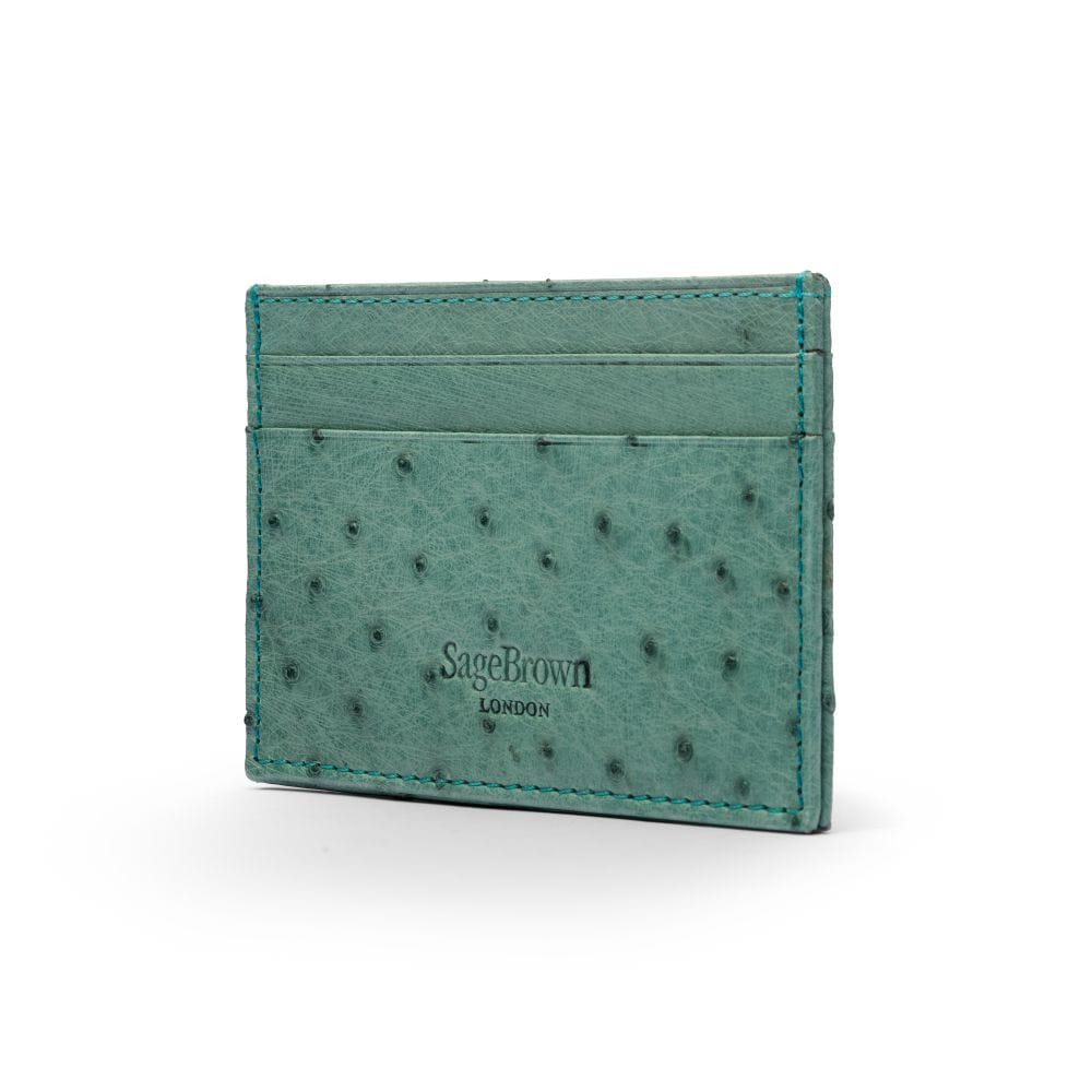 Flat ostrich leather credit card case, teal ostrich leather, back