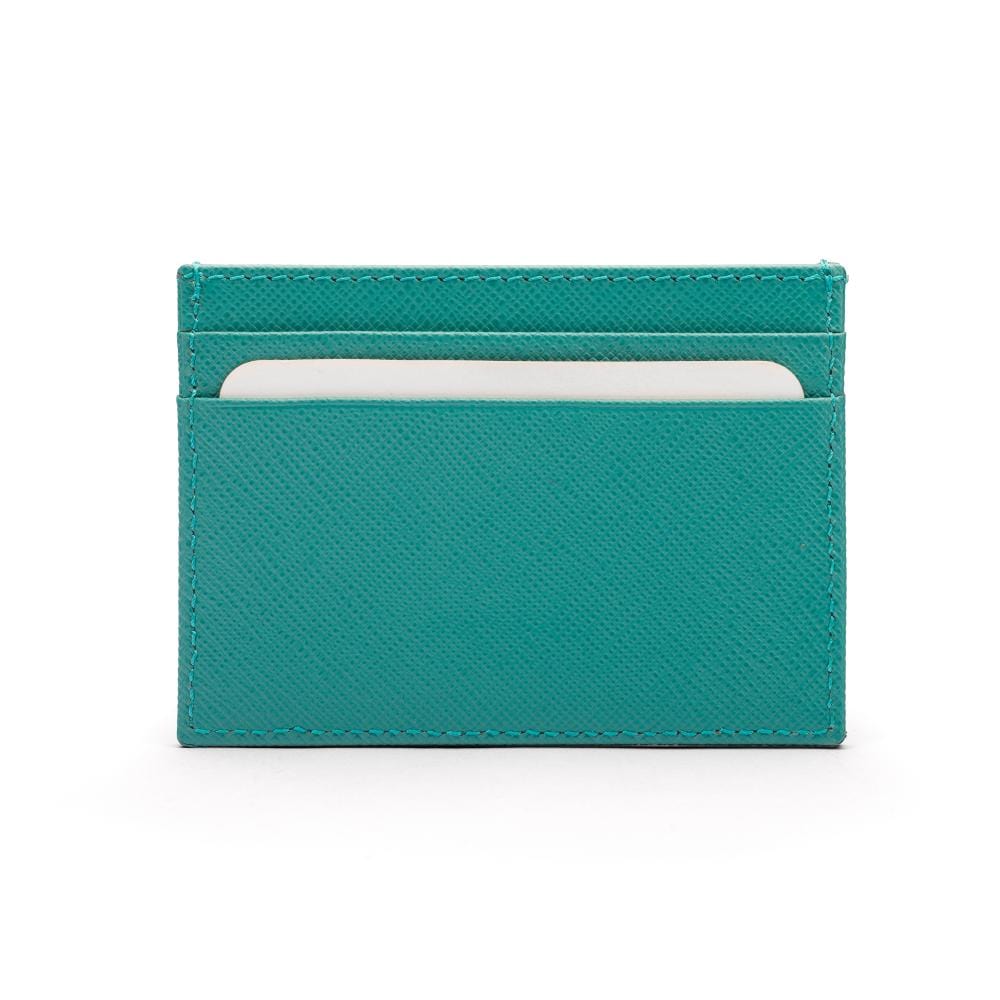 Flat leather credit card wallet 4 CC, teal saffiano, front