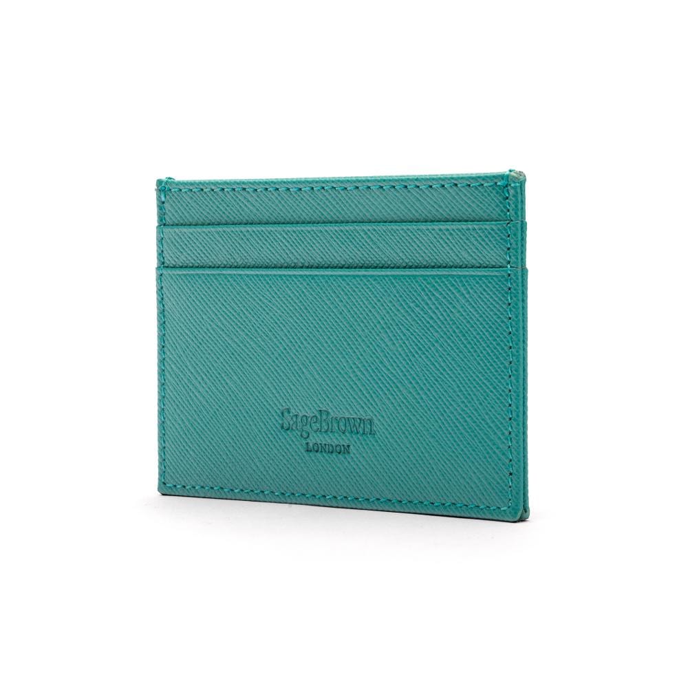 Flat leather credit card wallet 4 CC, teal saffiano, back